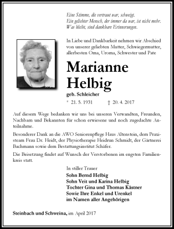 Traueranzeige von Marianne Helbig von Südthüringer Presse