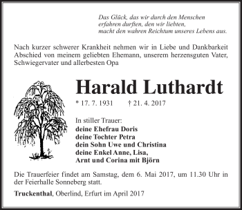 Traueranzeige von Harald Luthardt von Südthüringer Presse