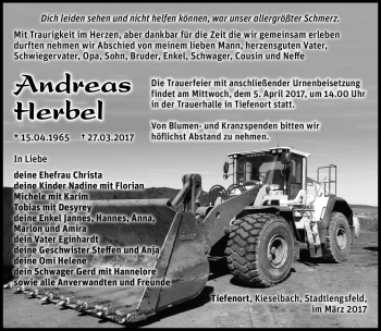 Traueranzeige von Andreas Herbel von Südthüringer Presse
