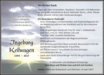 Traueranzeige von Ingeborg Keilwagen von Südthüringer Presse