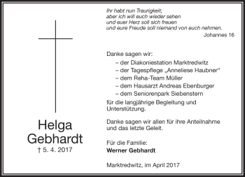 Traueranzeige von Helga Gebhardt von Frankenpost
