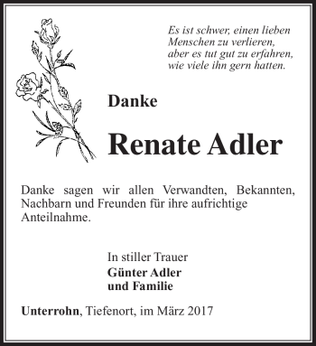 Traueranzeige von Renate Adler von Südthüringer Presse