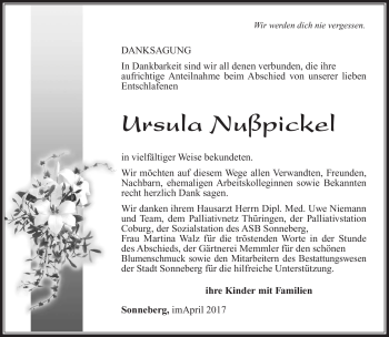 Traueranzeige von Ursula Nußpickel von Südthüringer Presse