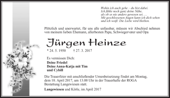 Traueranzeige von Jürgen Heinz von Südthüringer Presse
