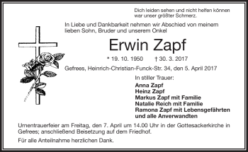 Traueranzeige von Erwin Zapf von Frankenpost