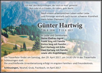 Traueranzeige von Günter Hartwig von Südthüringer Presse