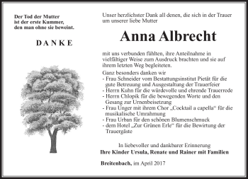 Traueranzeige von Anna Albrecht von Südthüringer Presse