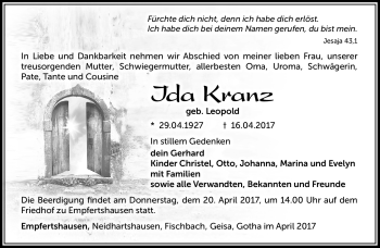 Traueranzeige von Ida Kranz von Südthüringer Presse