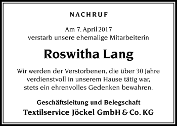 Traueranzeige von Roswitha Lang von Südthüringer Presse