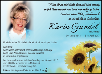 Traueranzeige von Karin Gundel von Südthüringer Presse
