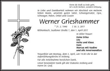 Traueranzeige von Werner Grieshammer von Frankenpost