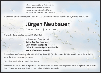 Traueranzeige von Jürgen Neubauer von Neue Presse Coburg