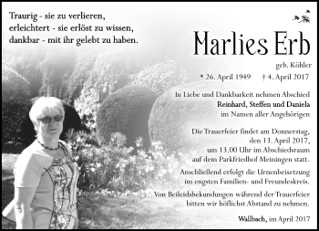 Traueranzeige von Marlies Erb von Südthüringer Presse