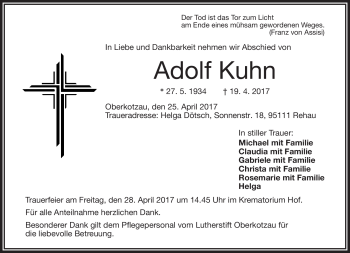 Traueranzeige von Adolf Kuhn von Frankenpost