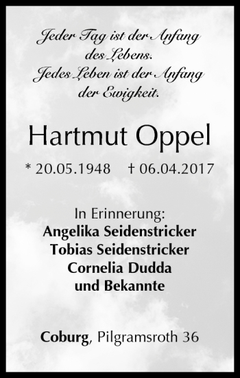 Traueranzeige von Hartmut Oppel von Neue Presse Coburg