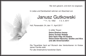 Traueranzeige von Janusz Gutkowski von Frankenpost