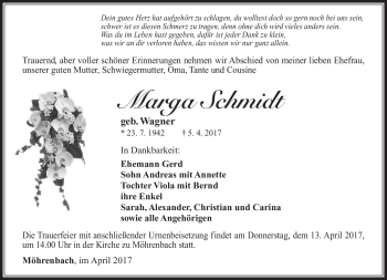 Traueranzeige von Margaq Schmidt von Südthüringer Presse