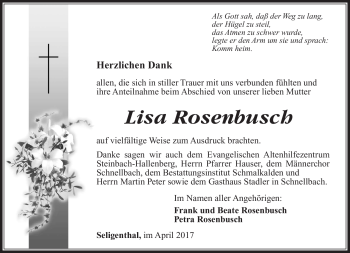 Traueranzeige von Lisa Rosenbusch von Südthüringer Presse