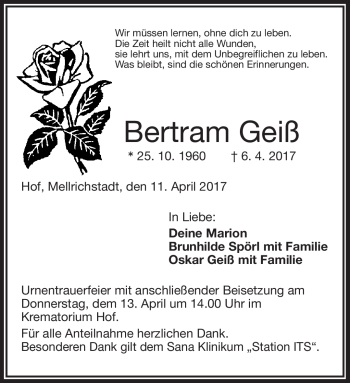 Traueranzeige von Bertram Geiß von Frankenpost