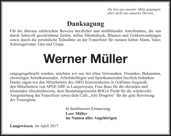 Traueranzeige von Werner Müller von Südthüringer Presse
