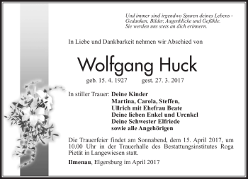 Traueranzeige von Wolfgang Huck von Südthüringer Presse