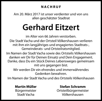 Traueranzeige von Gerhard Eitzert von Südthüringer Presse