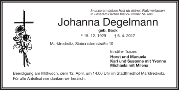 Traueranzeige von Johanna Degelmann von Frankenpost