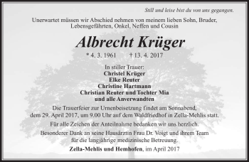 Traueranzeige von Albrecht Krüger von Südthüringer Presse