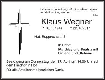 Traueranzeige von Klaus Wegner von Frankenpost