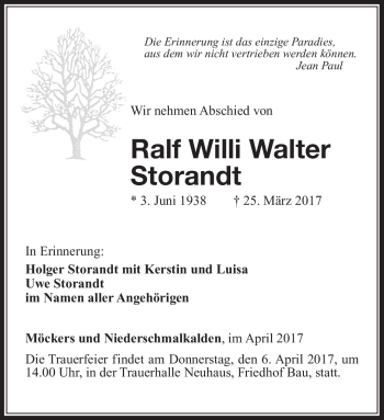 Traueranzeige von Ralf Willi Walter Storandt von Südthüringer Presse