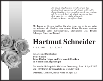 Traueranzeige von Harmut Schneider von Südthüringer Presse