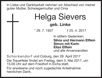 Traueranzeige von Helga Sievers von Neue Presse Coburg
