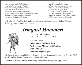 Traueranzeige von Irmgard Hammerl von Südthüringer Presse