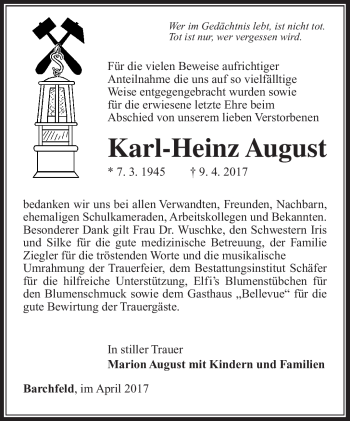 Traueranzeige von Karl-Heinz August von Südthüringer Presse