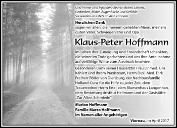 Traueranzeige von Klaus-Peter Hoffmann von Südthüringer Presse