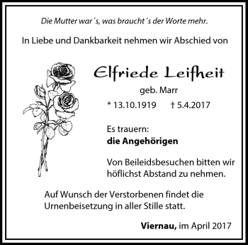 Traueranzeige von Elfriede Leifheit von Südthüringer Presse