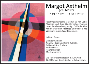 Traueranzeige von Margot Axthelm von Neue Presse Coburg