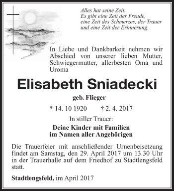 Traueranzeige von Elisabeth Sniadecki von Südthüringer Presse