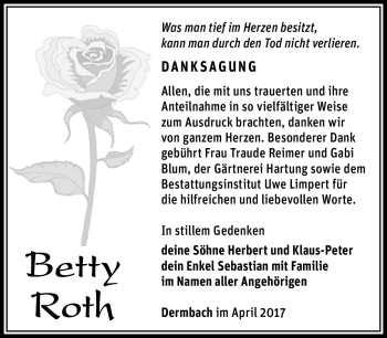 Traueranzeige von Betty Roth von Südthüringer Presse