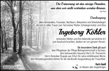 Traueranzeige von Ingeborg Köhler von Südthüringer Presse