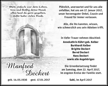 Traueranzeige von Manfred Günter Karl Albert Deckert von Südthüringer Presse