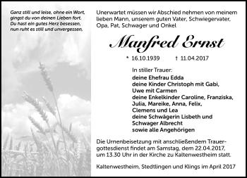 Traueranzeige von Manfred Ernst von Südthüringer Presse