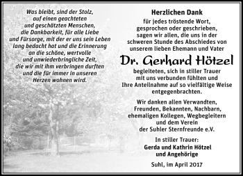 Traueranzeige von Gerhard Hötzel von Südthüringer Presse