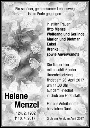 Traueranzeige von Helene Menzel von Neue Presse Coburg