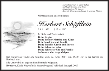 Traueranzeige von Herbert Schäftlein von Südthüringer Presse