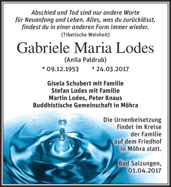 Traueranzeige von Gabriele Lodes von Südthüringer Presse