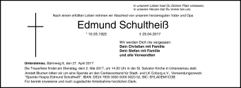 Traueranzeige von Edmund Schultheiß von Neue Presse Coburg