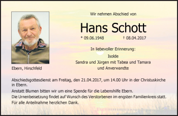 Traueranzeige von Hans Schott von Neue Presse Coburg