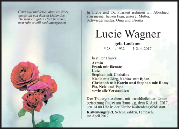 Traueranzeige von Lucie Wagner von Südthüringer Presse