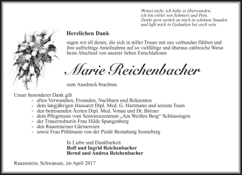 Traueranzeige von Marie Reichenbacher von Südthüringer Presse